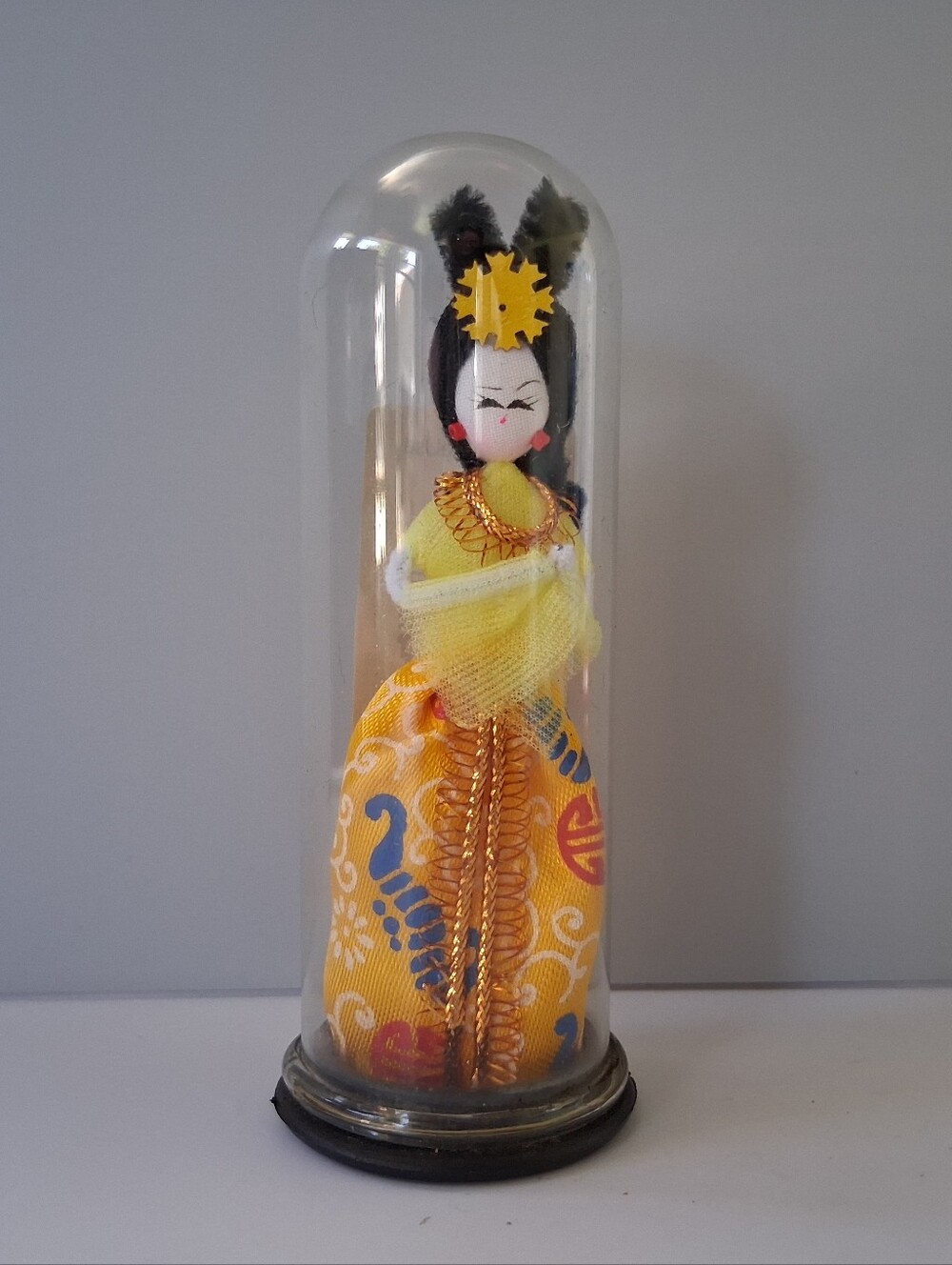Handcrafted Yellow Fabric Doll in Glass Dome - Made In Tawain